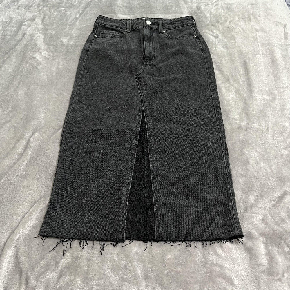 Pacsun Denim Skirt Womens 25 Black High Waist Frayed Hem Front Slit Midi Jeans - Picture 1 of 12